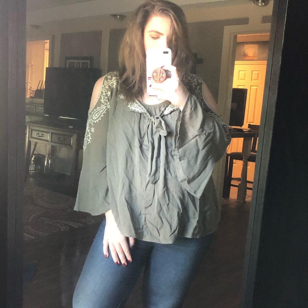 Olive Green Cold Should Bell Sleeve Top